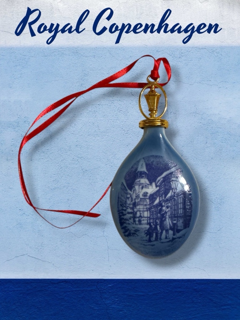 VTG- 1996 Royal Copenhagen Blue Porcelain Ornament with Red Ribbon  Gold Hanger